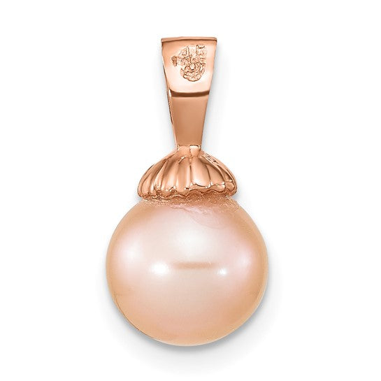 8-9mm Round Pink Cultured Freshwater Pearl Pendant in 14k Rose Gold