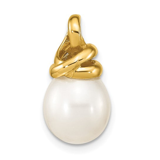 9-10mm Rice-Shaped White Freshwater Cultured Pearl Pendant in 14k Yellow Gold