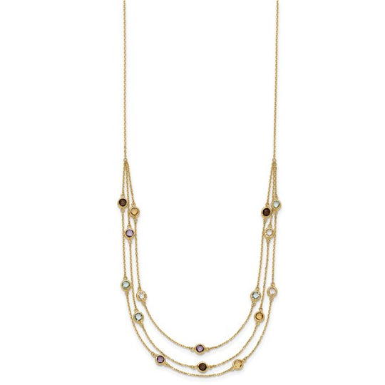 17-inch 3-strand necklace with Smoky Quartz, White Quartz, Amethyst, Citrine, and Sky Blue Topaz in 14k Gold