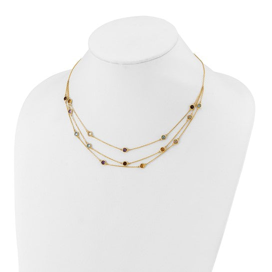 17-inch 3-strand necklace with Smoky Quartz, White Quartz, Amethyst, Citrine, and Sky Blue Topaz in 14k Gold
