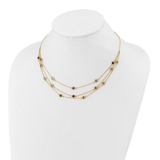17-inch 3-strand necklace with Smoky Quartz, White Quartz, Amethyst, Citrine, and Sky Blue Topaz in 14k Gold