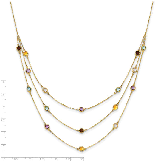 17-inch 3-strand necklace with Smoky Quartz, White Quartz, Amethyst, Citrine, and Sky Blue Topaz in 14k Gold