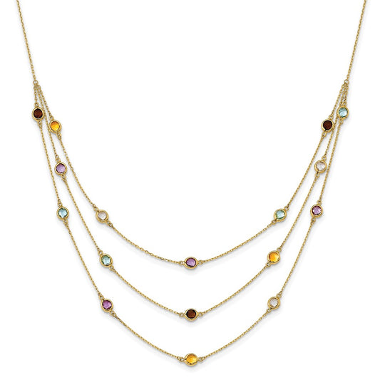 17-inch 3-strand necklace with Smoky Quartz, White Quartz, Amethyst, Citrine, and Sky Blue Topaz in 14k Gold