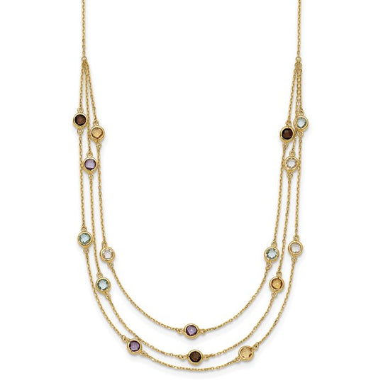 17-inch 3-strand necklace with Smoky Quartz, White Quartz, Amethyst, Citrine, and Sky Blue Topaz in 14k Gold