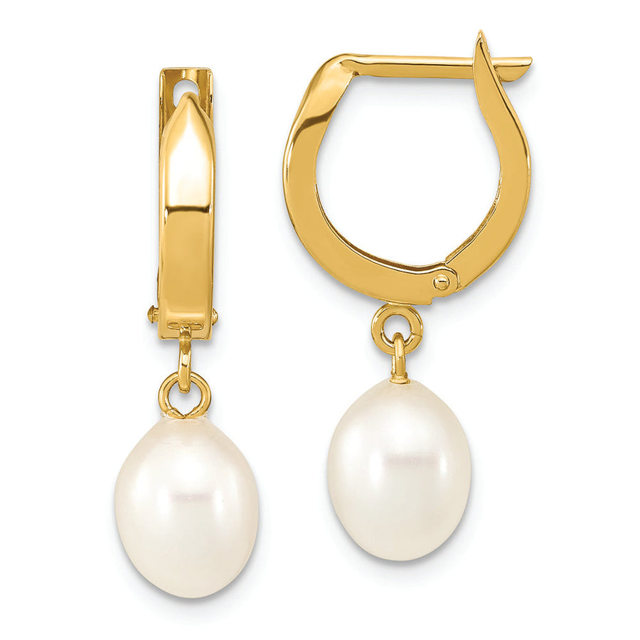 Aretes de Oro de 14k con Perla Cultivada de Agua Dulce en Forma de Lágrima y Aro Colgante