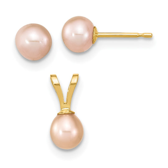 Set of earrings and pendant with 4-5mm round pink freshwater cultured pearls in 14k yellow gold Madi K