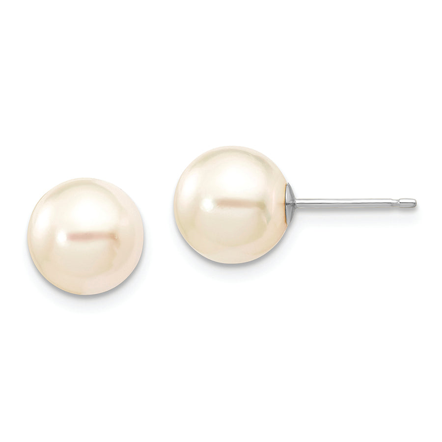 Aretes de Perla Akoya Cultivada de Agua Salada Redonda Blanca (8-9 mm) en Oro Blanco de 14k