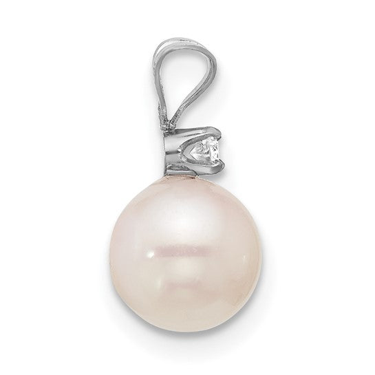Pendant with 7-8 mm White Round Akoya Pearl and 0.05 Ct Diamond in 14k White Gold