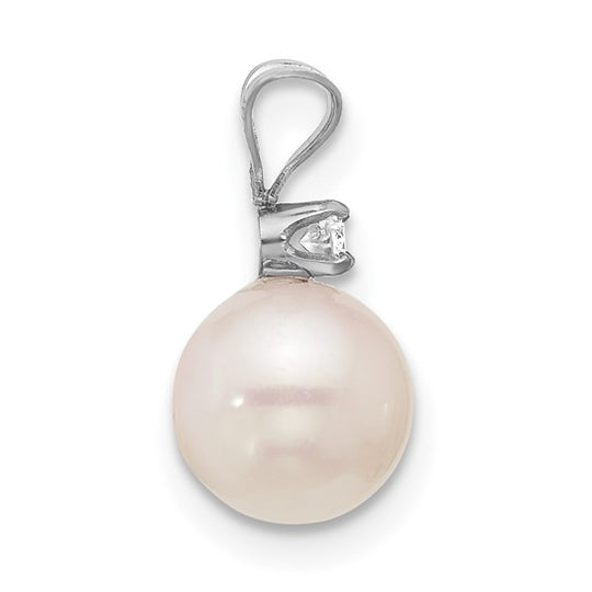 Pendant with 7-8 mm White Round Akoya Pearl and 0.05 Ct Diamond in 14k White Gold