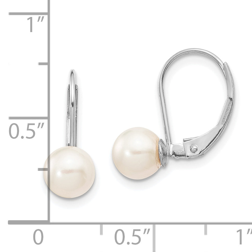 14k White Gold Lever Back Earrings with 6-7mm Round White Akoya Pearls