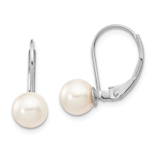 14k White Gold Lever Back Earrings with 6-7mm Round White Akoya Pearls