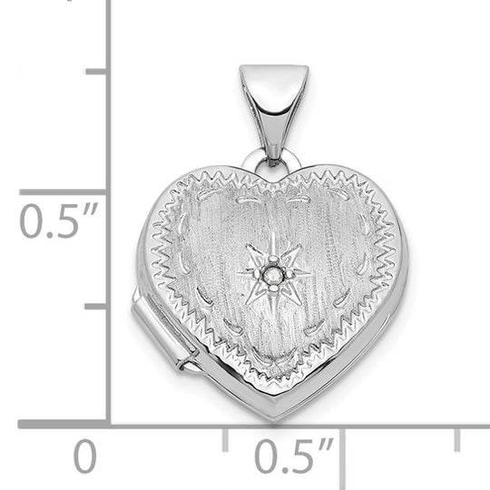 14k White Gold Heart Locket with 15mm Brushed Diamond Star
