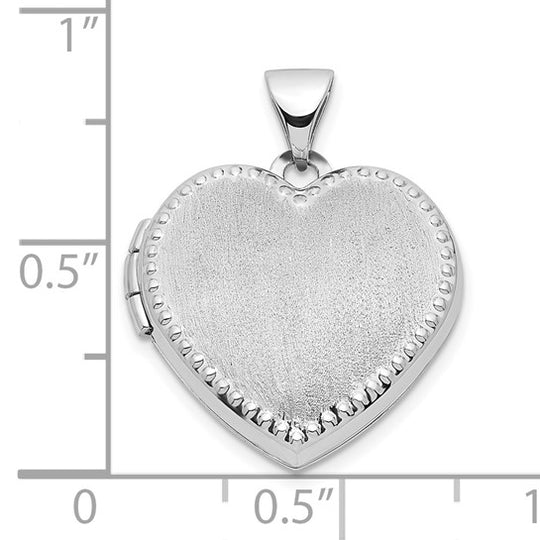 14k White Gold Heart Locket with Pearl Trim and Brushed Finish, 18mm