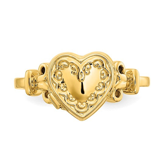 Anillo Locket Corazón de 14k con Incrustación de Tela y Detalles en Rosa