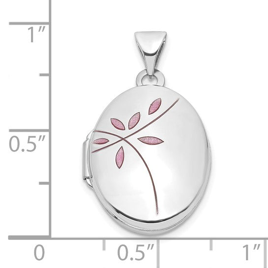 19mm Oval Medallion with Enamel Leaves in 14k White Gold