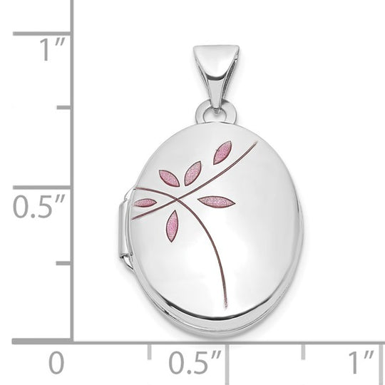 19mm Oval Medallion with Enamel Leaves in 14k White Gold