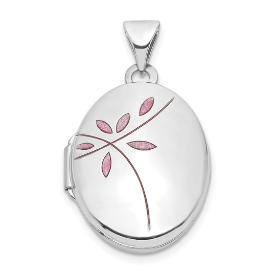 19mm Oval Medallion with Enamel Leaves in 14k White Gold