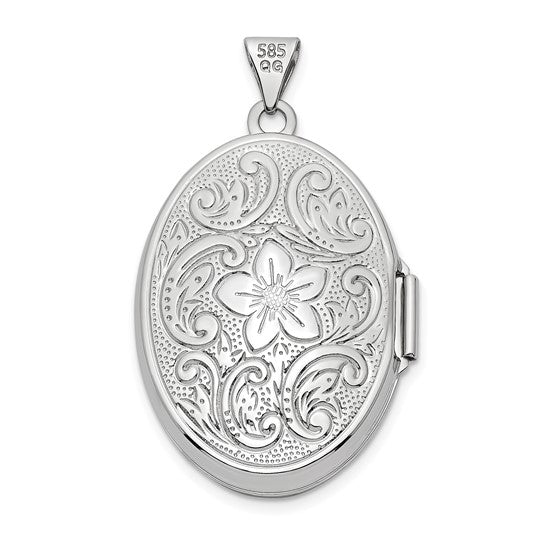 14k White Gold Reversible Floral Swirl Oval Locket (26mm)