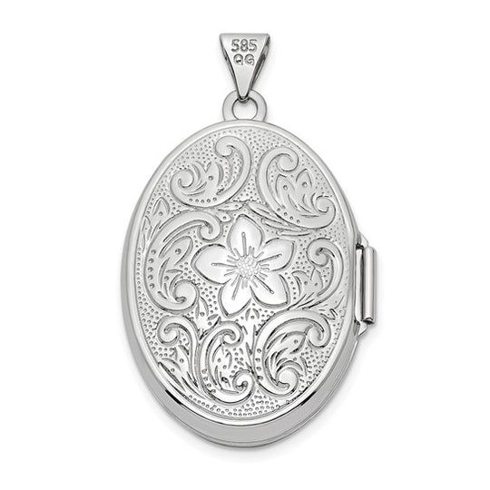 14k White Gold Reversible Floral Swirl Oval Locket (26mm)