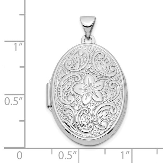 14k White Gold Reversible Floral Swirl Oval Locket (26mm)
