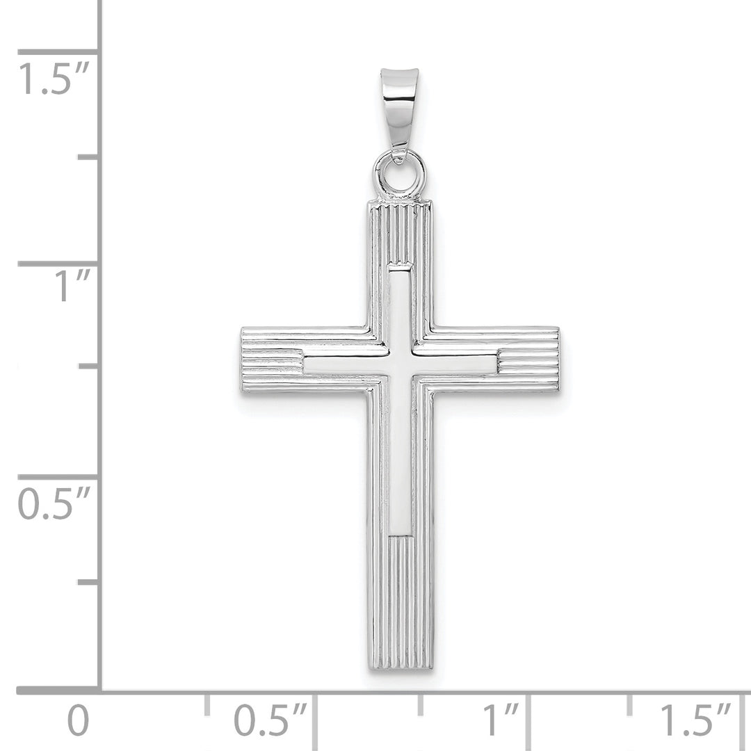 14k White Gold Polished Solid Stripe Double Cross Pendant