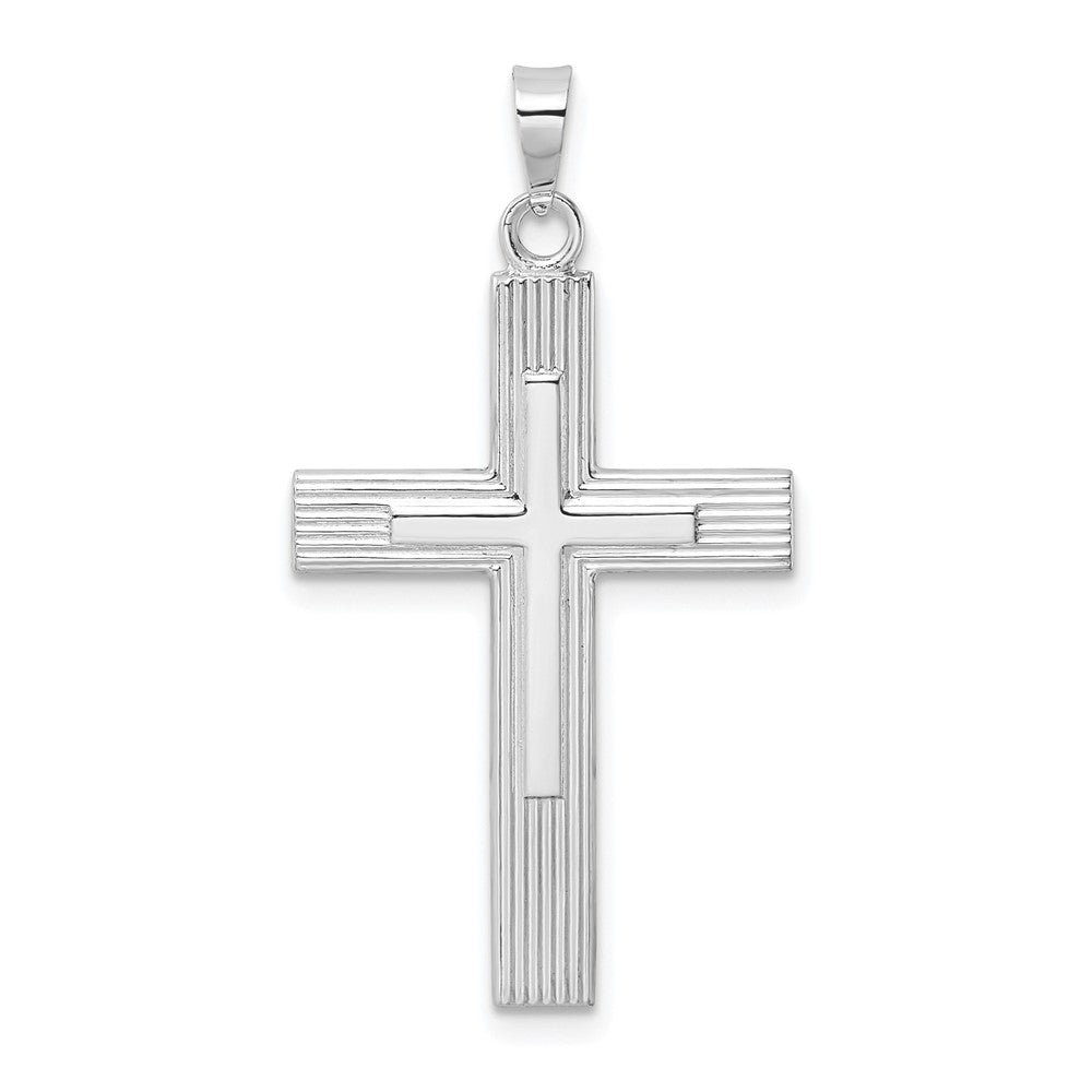 14k White Gold Polished Solid Stripe Double Cross Pendant