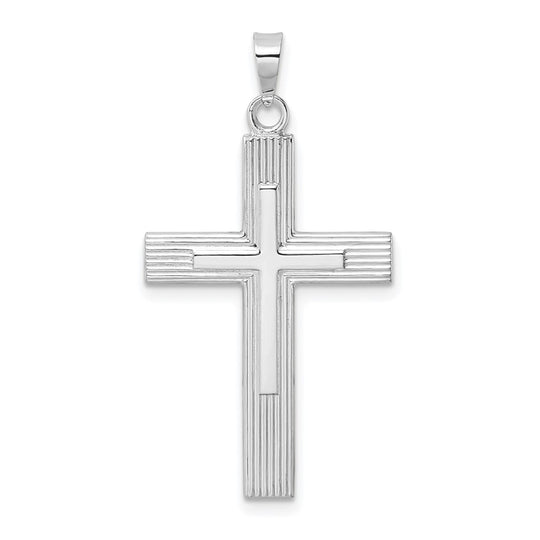 14k White Gold Polished Solid Stripe Double Cross Pendant
