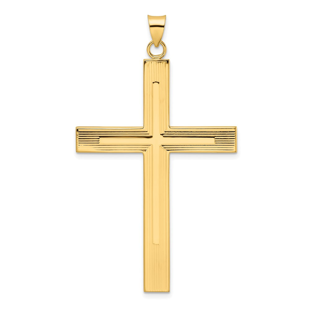 Colgante de Cruz Sólida con Diseño de Líneas en Oro Amarillo de 14k Pulido