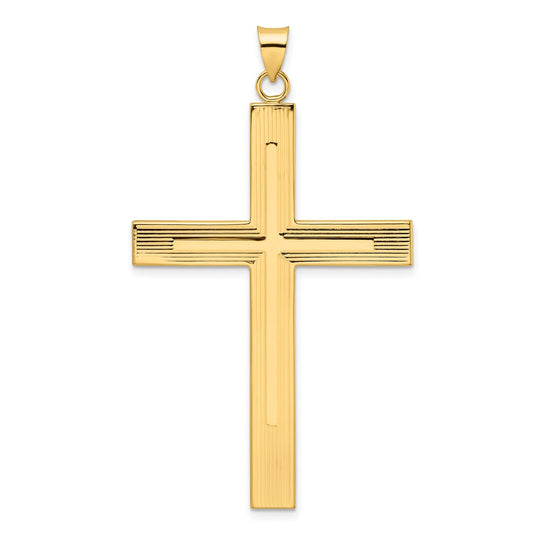 Colgante de Cruz Sólida con Diseño de Líneas en Oro Amarillo de 14k Pulido