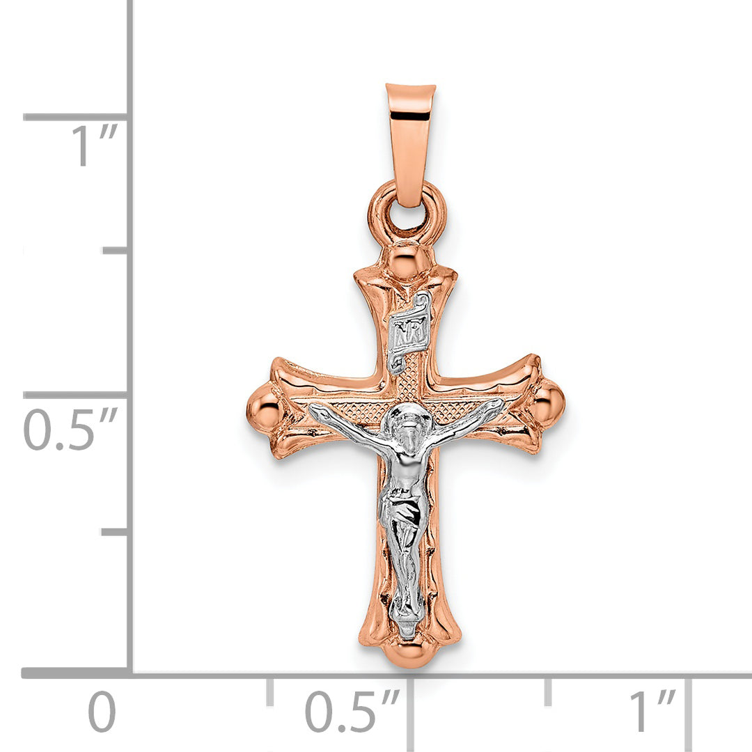 14k Rose and White Gold INRI Crucifix with Fleur-de-Lis