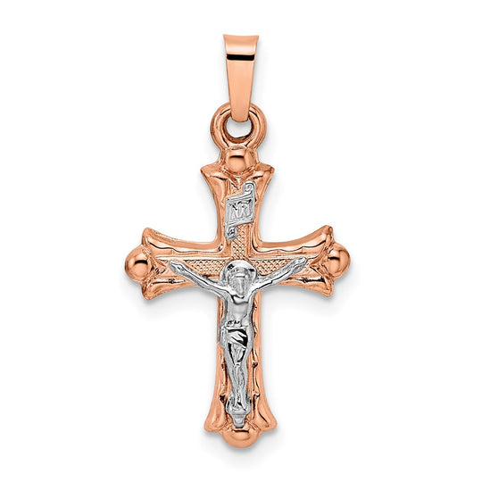 14k Rose and White Gold INRI Crucifix with Fleur-de-Lis