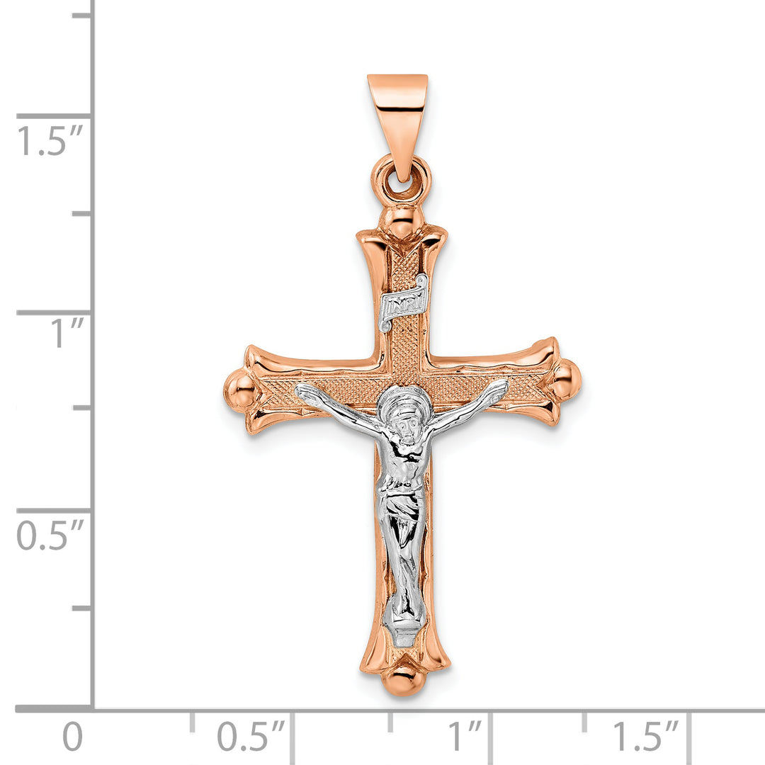 Hollow Fleur de Lis INRI Crucifix in 14k Rose and White Gold