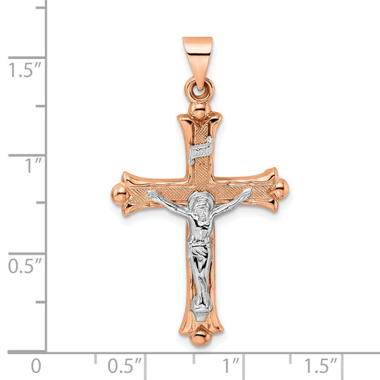 Hollow Fleur de Lis INRI Crucifix in 14k Rose and White Gold