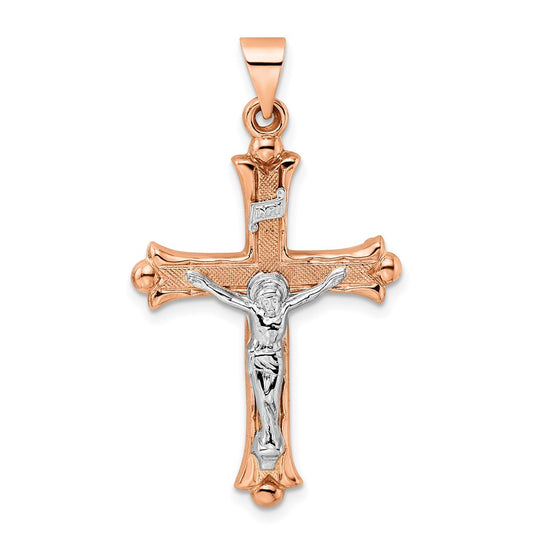 Hollow Fleur de Lis INRI Crucifix in 14k Rose and White Gold
