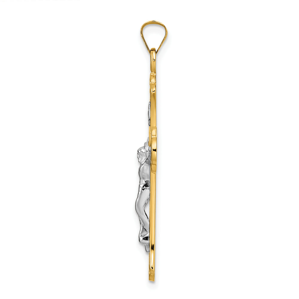 INRI Crucifix Pendant with Fleur-de-Lis in Solid, Polished, Two-Tone 14k Gold