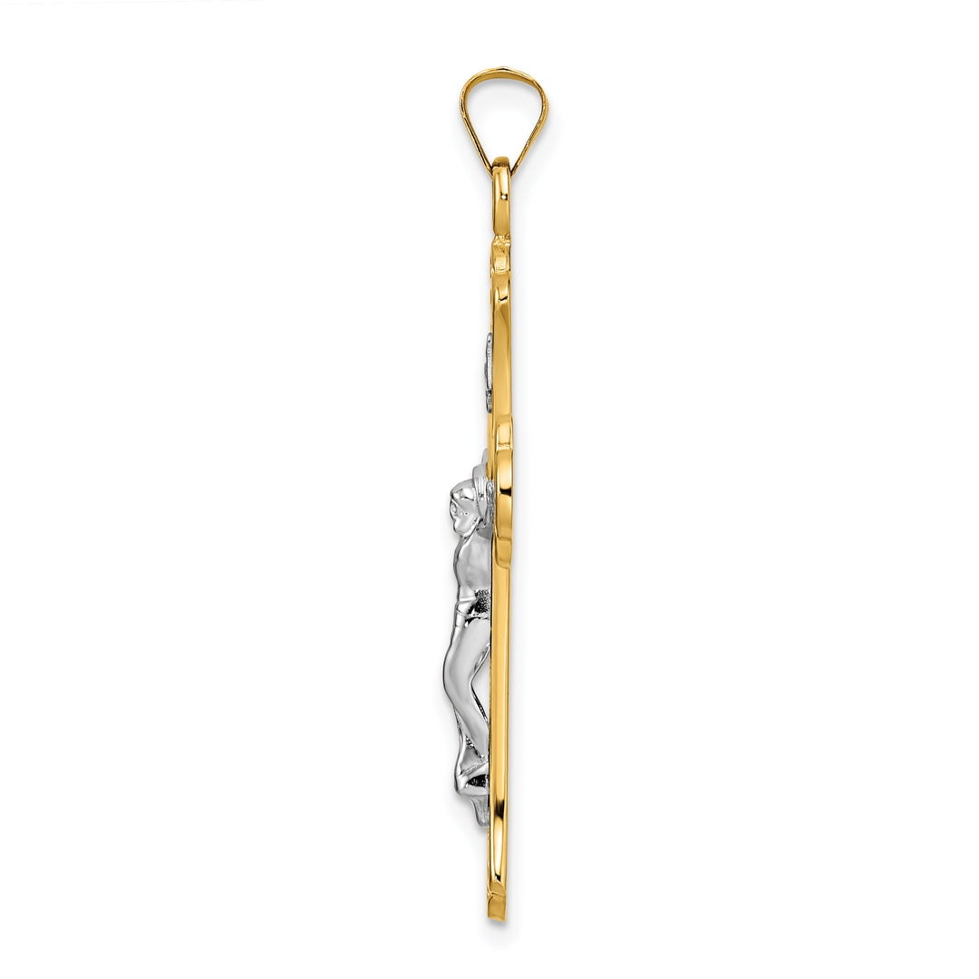 INRI Crucifix Pendant with Fleur-de-Lis in Solid, Polished, Two-Tone 14k Gold