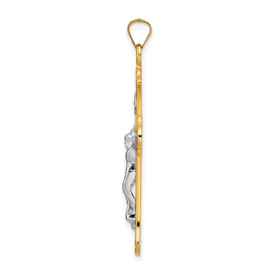 INRI Crucifix Pendant with Fleur-de-Lis in Solid, Polished, Two-Tone 14k Gold