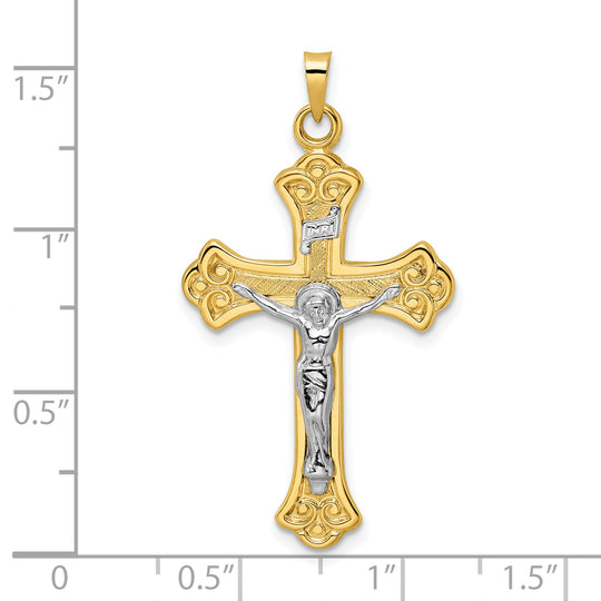 INRI Crucifix Pendant with Fleur-de-Lis in Solid, Polished, Two-Tone 14k Gold