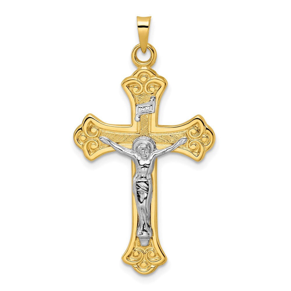 INRI Crucifix Pendant with Fleur-de-Lis in Solid, Polished, Two-Tone 14k Gold