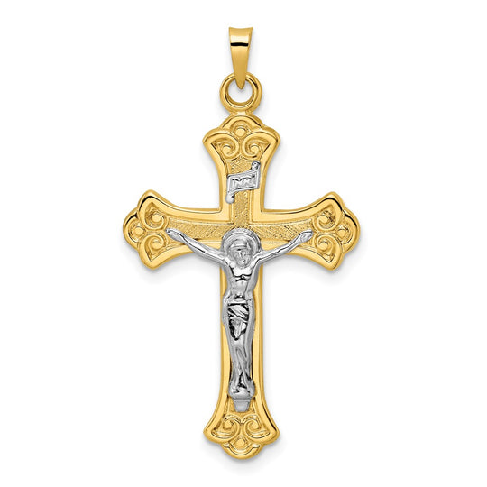 INRI Crucifix Pendant with Fleur-de-Lis in Solid, Polished, Two-Tone 14k Gold