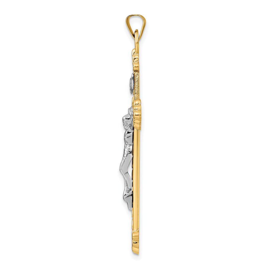 Colgante de Crucifijo Budded INRI Hueco Bicolor Pulido en Oro de 14k