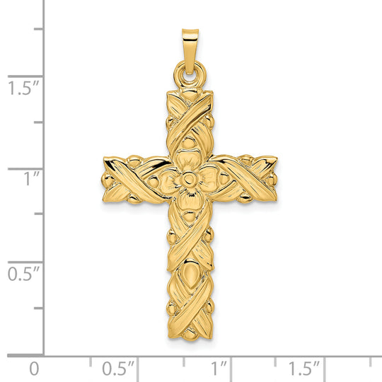Polished and Textured Floral Solid Cross Pendant in 14k Yellow Gold
