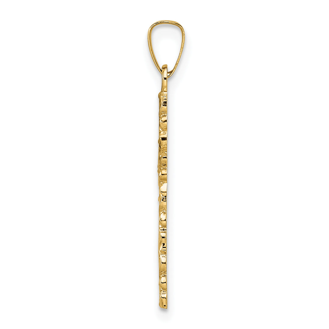 Solid 14K Yellow Gold Floral Cross Pendant with a Textured and Polished Finish
