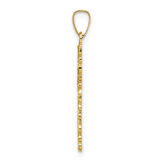 Solid 14K Yellow Gold Floral Cross Pendant with a Textured and Polished Finish