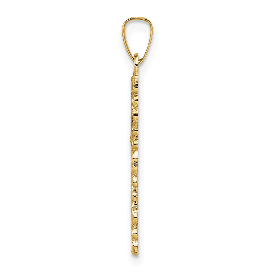 Colgante de Cruz Floral Sólida en Oro Amarillo de 14K con Acabado Pulido y Texturizado