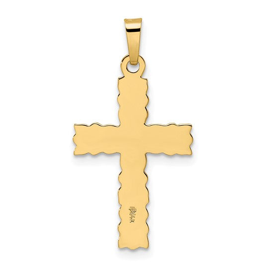 Solid 14K Yellow Gold Floral Cross Pendant with a Textured and Polished Finish
