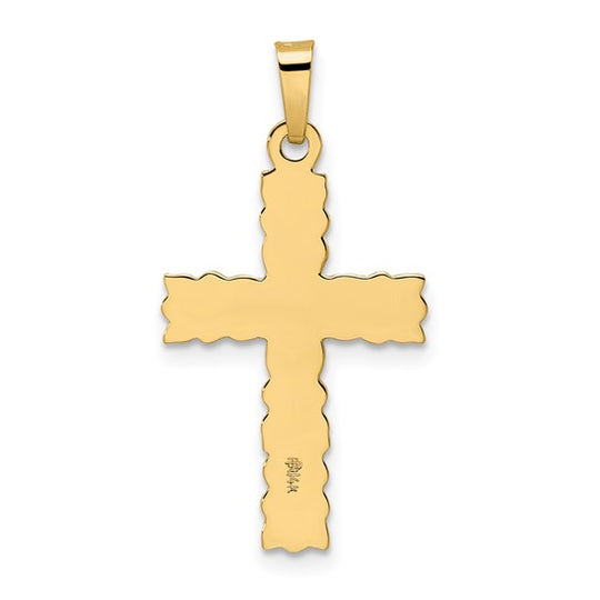 Solid 14K Yellow Gold Floral Cross Pendant with a Textured and Polished Finish
