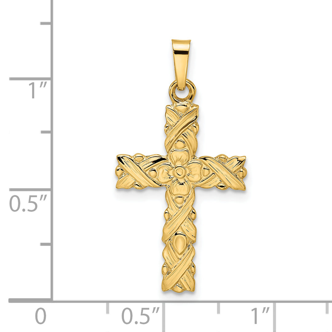 Solid 14K Yellow Gold Floral Cross Pendant with a Textured and Polished Finish