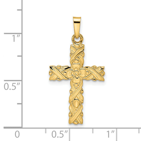 Solid 14K Yellow Gold Floral Cross Pendant with a Textured and Polished Finish