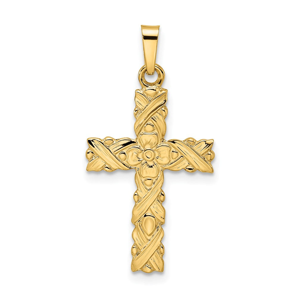 Solid 14K Yellow Gold Floral Cross Pendant with a Textured and Polished Finish